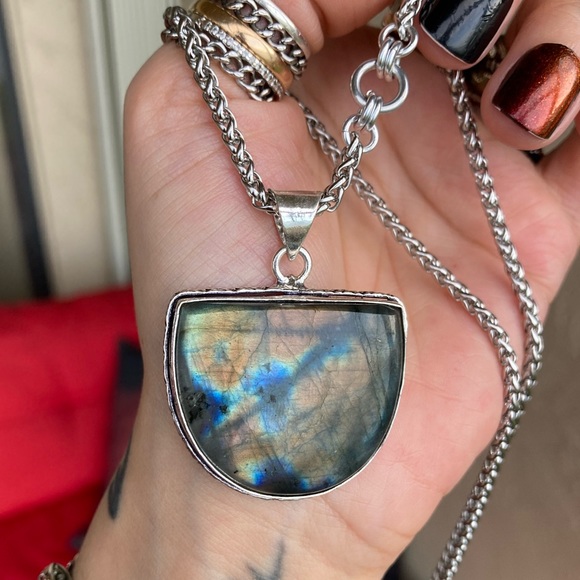 925 sterling silver overlay iridescent labradorite charm boho gemstone necklace - Picture 13 of 15